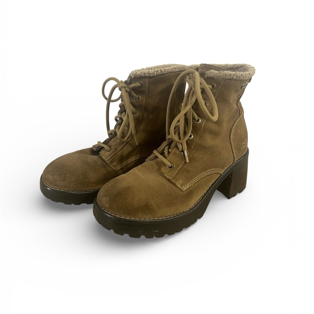 Vintage Chunky Platform Suede Skechers Brown Lace-Up Boots Faux Fur Y2K Size 10